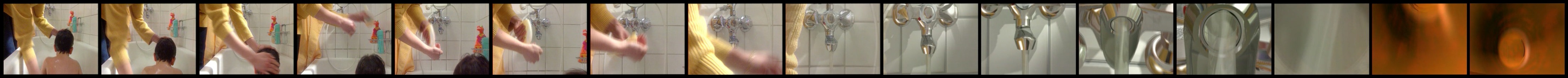 A strip of sixteen frames running left to right: the bathroom, in towards the tap, then inside the pipe