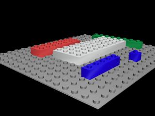 A grey LEGO-style baseplate in perspective with red, white, green and blue bricks on it, rendered in 3D Studio MAX