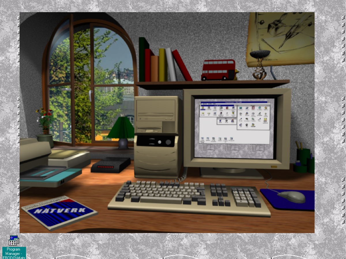 Rendered 1990s desk with tower PC, CRT monitor and keyboard